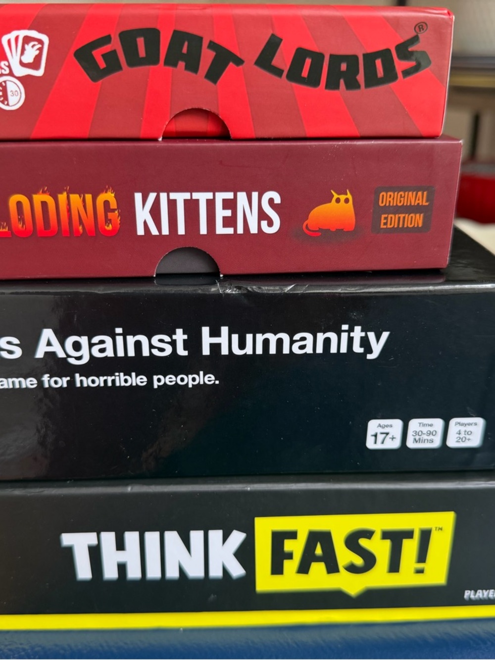 Party Card Games 4 sets cards against humanity, think fast, exploding kittens &